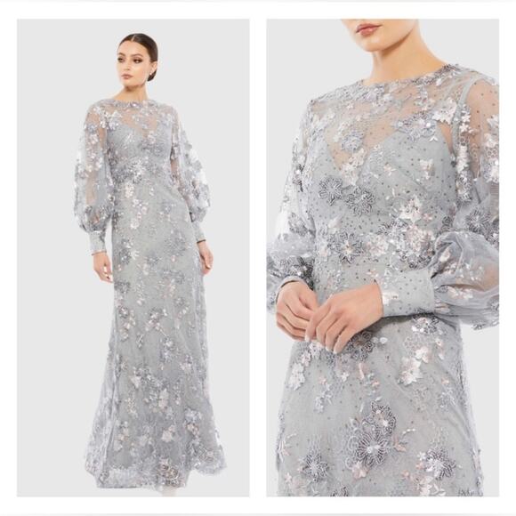 Mac Duggal Dresses & Skirts - Mac Duggal 67936 Platinum Embellished High Neck Bishop Sleeve Gown Size 18 UB